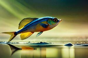 poisson sauter en dehors de l'eau avec une brillant lumière. généré par ai photo