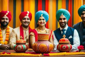 Indien mariage fête avec coloré des turbans. généré par ai photo