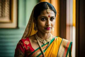 une magnifique Indien la mariée dans traditionnel tenue. généré par ai photo