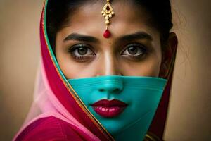 une femme avec une coloré sari et une visage masque. généré par ai photo