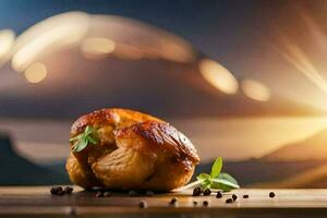 une poulet sur une en bois table avec une le coucher du soleil dans le Contexte. généré par ai photo