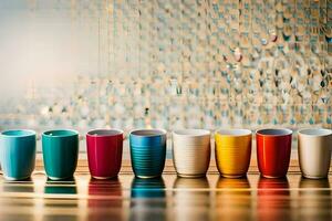 coloré tasses doublé en haut sur une tableau. généré par ai photo