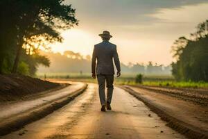 une homme dans une costume et chapeau des promenades vers le bas une saleté route. généré par ai photo