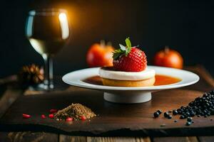 une dessert avec des fraises et crème sur une plaque. généré par ai photo
