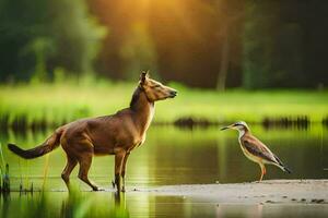 une cerf et oiseau permanent dans le l'eau. généré par ai photo