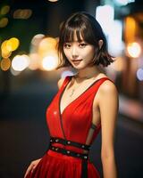 magnifique asiatique fille portant charme soie robe ai génératif photo