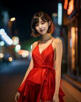 magnifique asiatique fille portant charme soie robe ai génératif photo