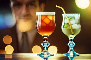 deux des lunettes de alcoolique les boissons sur une bar. généré par ai photo