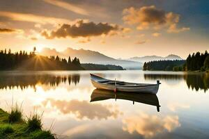 une bateau sur une Lac à le coucher du soleil avec montagnes dans le Contexte. généré par ai photo