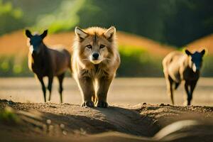 une Lion et deux cerf marcher dans le saleté. généré par ai photo