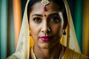 une femme dans une sari avec une rose rouge à lèvres. généré par ai photo