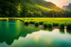 une magnifique paysage avec herbe et des arbres. généré par ai photo