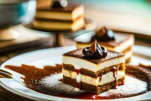 Trois pièces de cheesecake sur une plaque. généré par ai photo