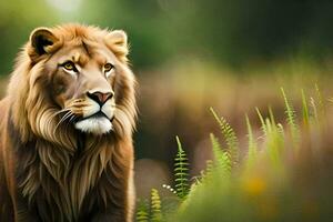 une Lion est permanent dans le herbe. généré par ai photo