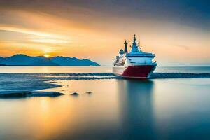 une rouge et blanc navire dans le océan à le coucher du soleil. généré par ai photo