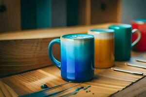 coloré café des tasses sur une tableau. généré par ai photo