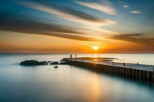 une longue exposition photographier de une jetée à le coucher du soleil. généré par ai photo