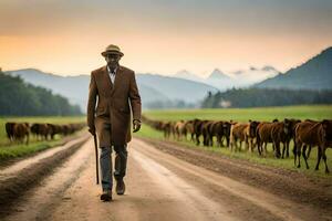 une homme en marchant vers le bas une saleté route avec vaches. généré par ai photo