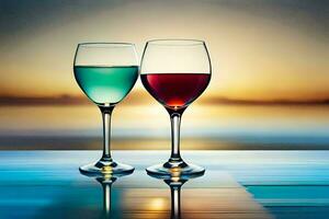 deux du vin des lunettes avec différent coloré liquides sur une tableau. généré par ai photo