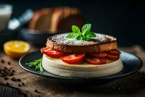 une dessert avec des fraises et crème sur une plaque. généré par ai photo