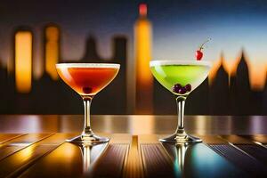 deux martinis sur une table avec paysage urbain dans le Contexte. généré par ai photo