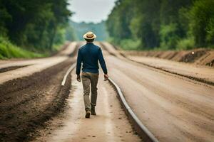 une homme en marchant vers le bas une saleté route avec train des pistes. généré par ai photo