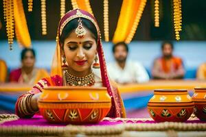 une femme dans traditionnel Indien tenue en train de préparer aliments. généré par ai photo