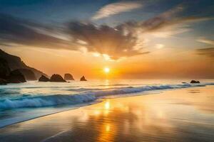 le coucher du soleil sur le plage, vagues s'écraser sur le sable, et une Roche formation dans le distance. généré par ai photo