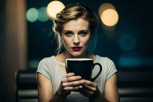 une femme en portant une café Coupe. généré par ai photo