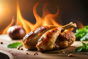 grillé poulet sur une en bois planche avec Feu. généré par ai photo