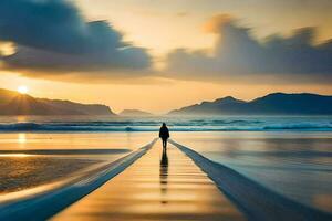 une la personne en marchant sur une plage à le coucher du soleil. généré par ai photo