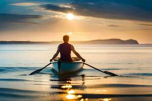 une homme pagaies une canoë sur le océan à le coucher du soleil. généré par ai photo