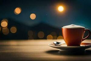 une tasse de café sur une en bois table avec une flou Contexte. généré par ai photo