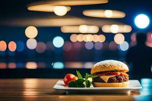 une Hamburger sur une assiette avec une flou Contexte. généré par ai photo