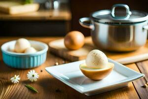 un Oeuf sur une assiette suivant à une pot et une bol. généré par ai photo