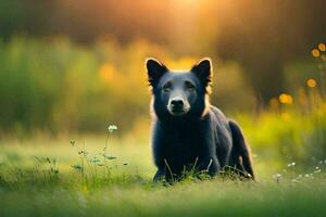 une noir chien est séance dans le herbe à le coucher du soleil. généré par ai photo