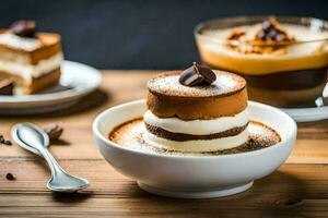 une dessert avec Chocolat et café sur une en bois tableau. généré par ai photo