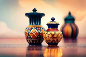 Trois coloré des vases sont séance sur une tableau. généré par ai photo