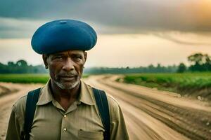 une homme dans une bleu béret des stands sur une saleté route. généré par ai photo