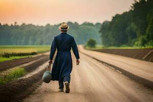 une homme dans une chapeau et manteau en marchant vers le bas une saleté route. généré par ai photo