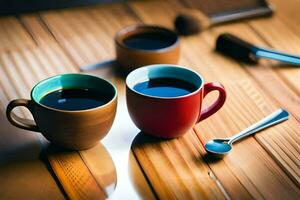 deux café tasses sur une en bois tableau. généré par ai photo