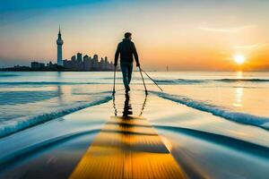 une homme est permanent sur une planche de surf dans le l'eau avec le horizon de Dubai dans le. généré par ai photo