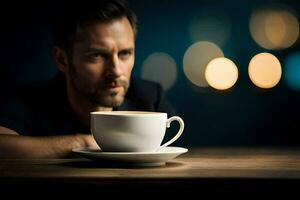 homme séance à une table avec une tasse de café. généré par ai photo