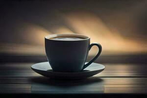 une tasse de café sur une table avec une floue Contexte. généré par ai photo