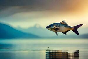 une poisson est en volant plus de le l'eau à le coucher du soleil. généré par ai photo