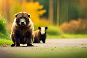 deux marron ours séance sur le route dans le les bois. généré par ai photo