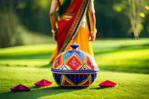 une femme dans traditionnel Indien tenue permanent dans le herbe avec une coloré diya. généré par ai photo