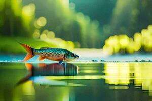 une poisson est permanent sur le l'eau dans de face de une forêt. généré par ai photo