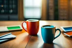 deux coloré café des tasses asseoir sur une en bois tableau. généré par ai photo