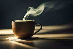 une tasse de café sur une en bois tableau. généré par ai photo